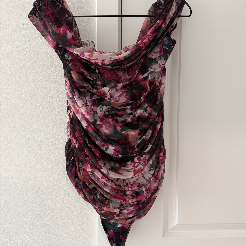 Abercrombie & Fitch Pink Floral Mesh Foldover Bodysuit